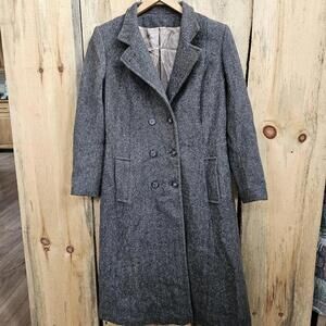 100% Pure Wool Trench Coat Black Gray Tweed Women's M/L Velvet Collar Pockets